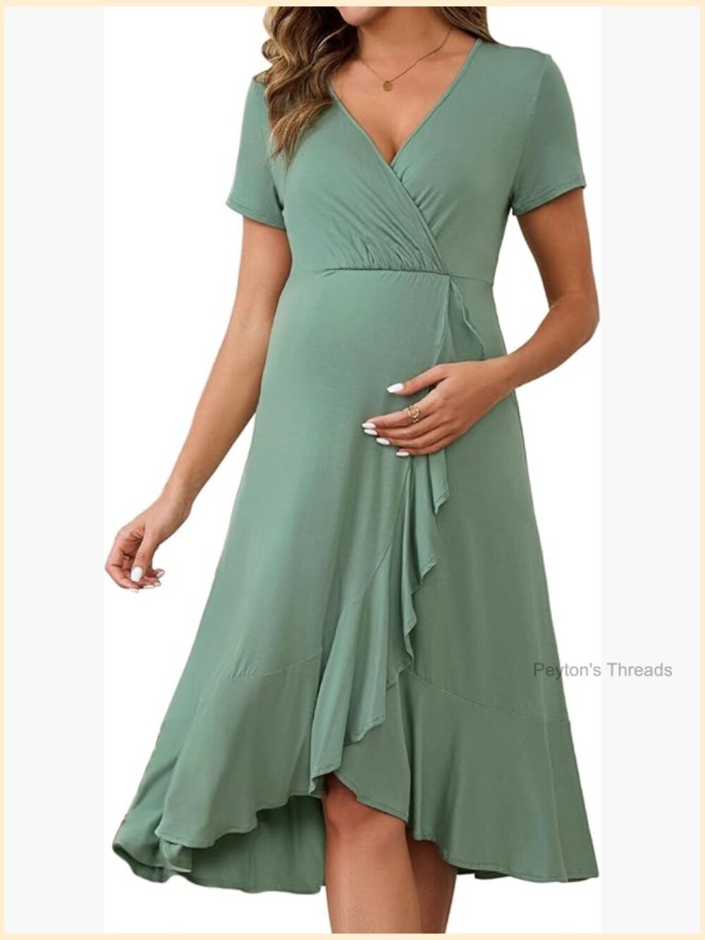 Semi Formal Maternity Wrap Dress with Ruffle Hem Bell Sleeve